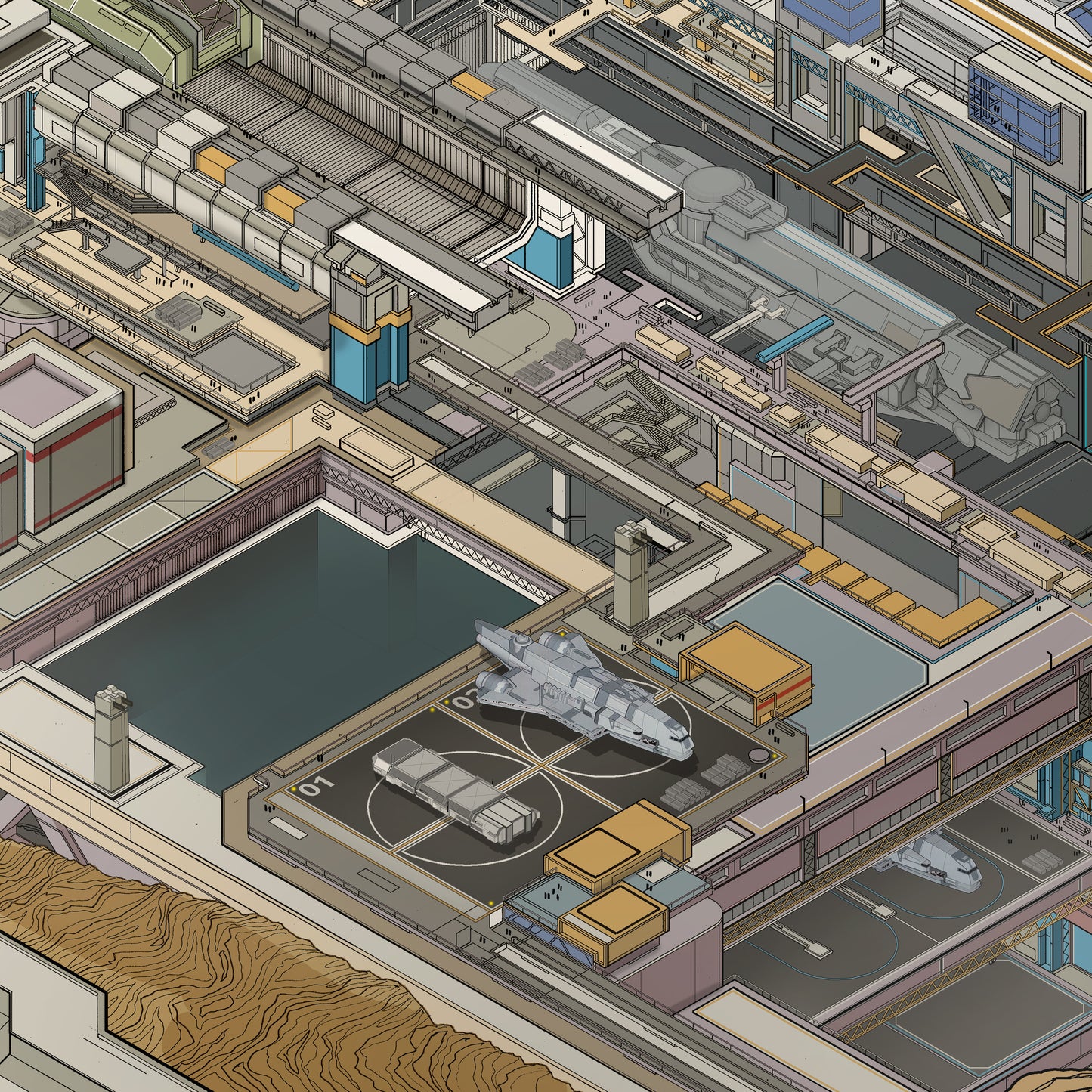 isometric sci-fi city art print – Port City Gateway - landing pad