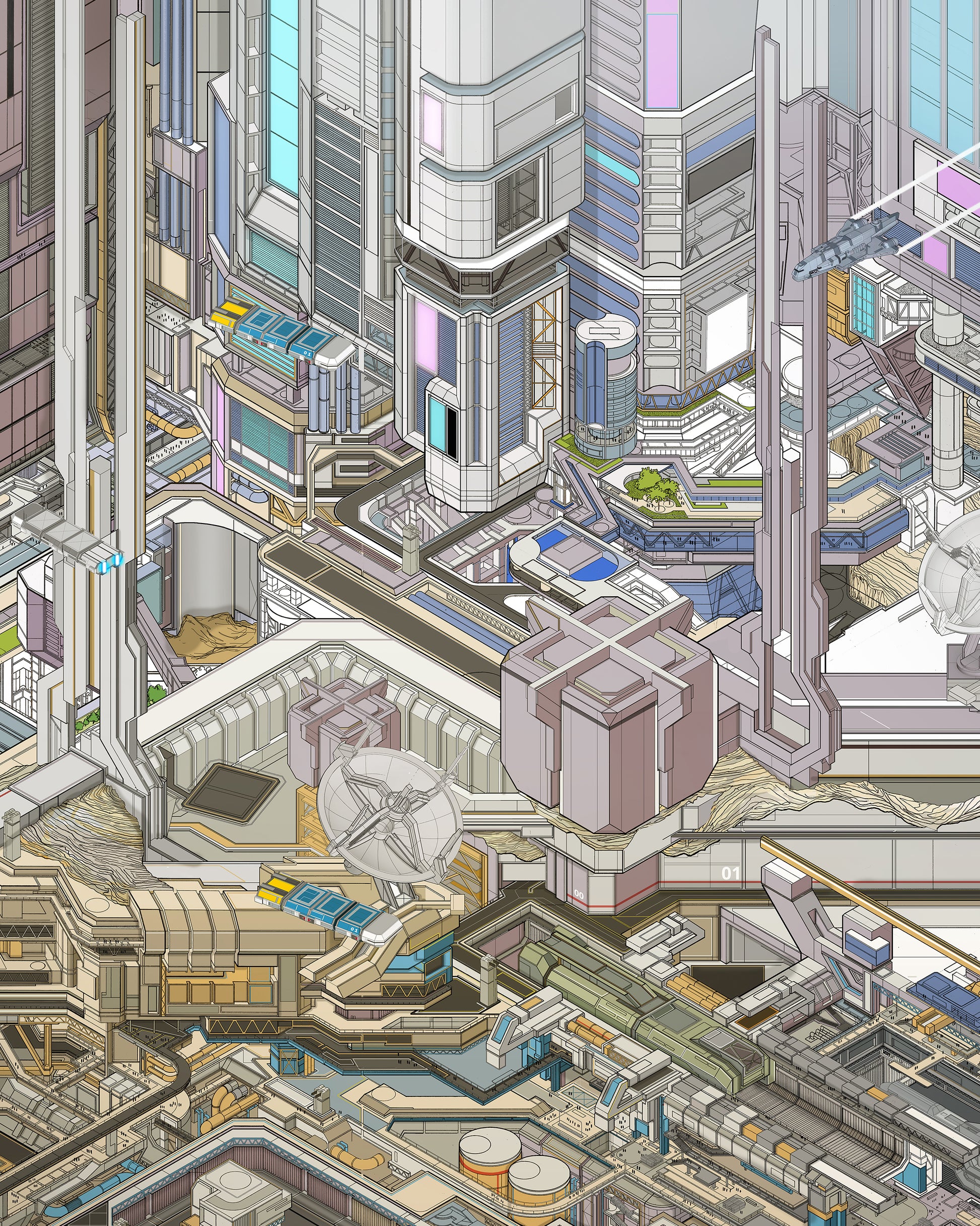 isometric sci-fi city art print – Port City Gateway