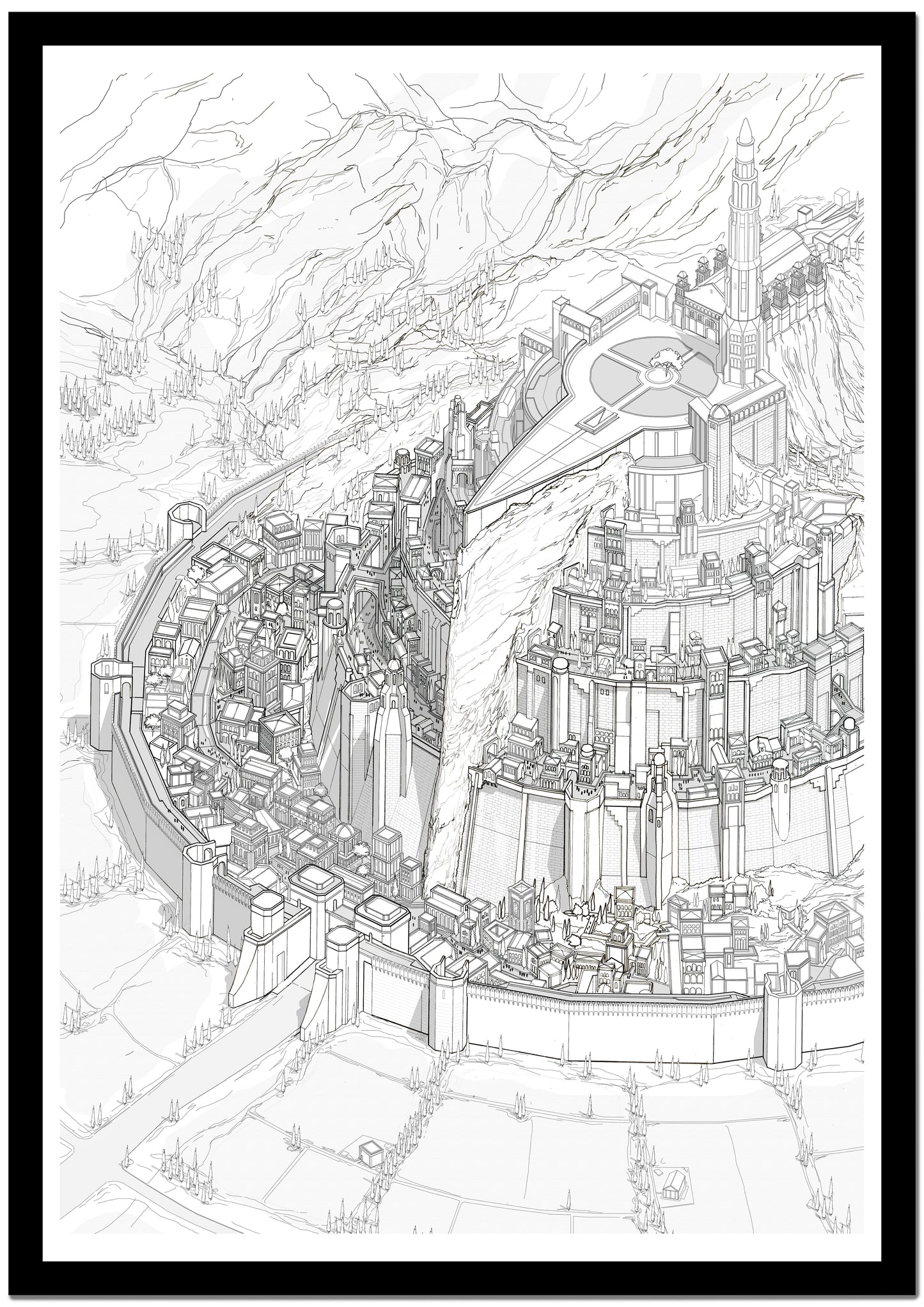 Black and white line drawing of a detailed architectural structure with mountains in the background