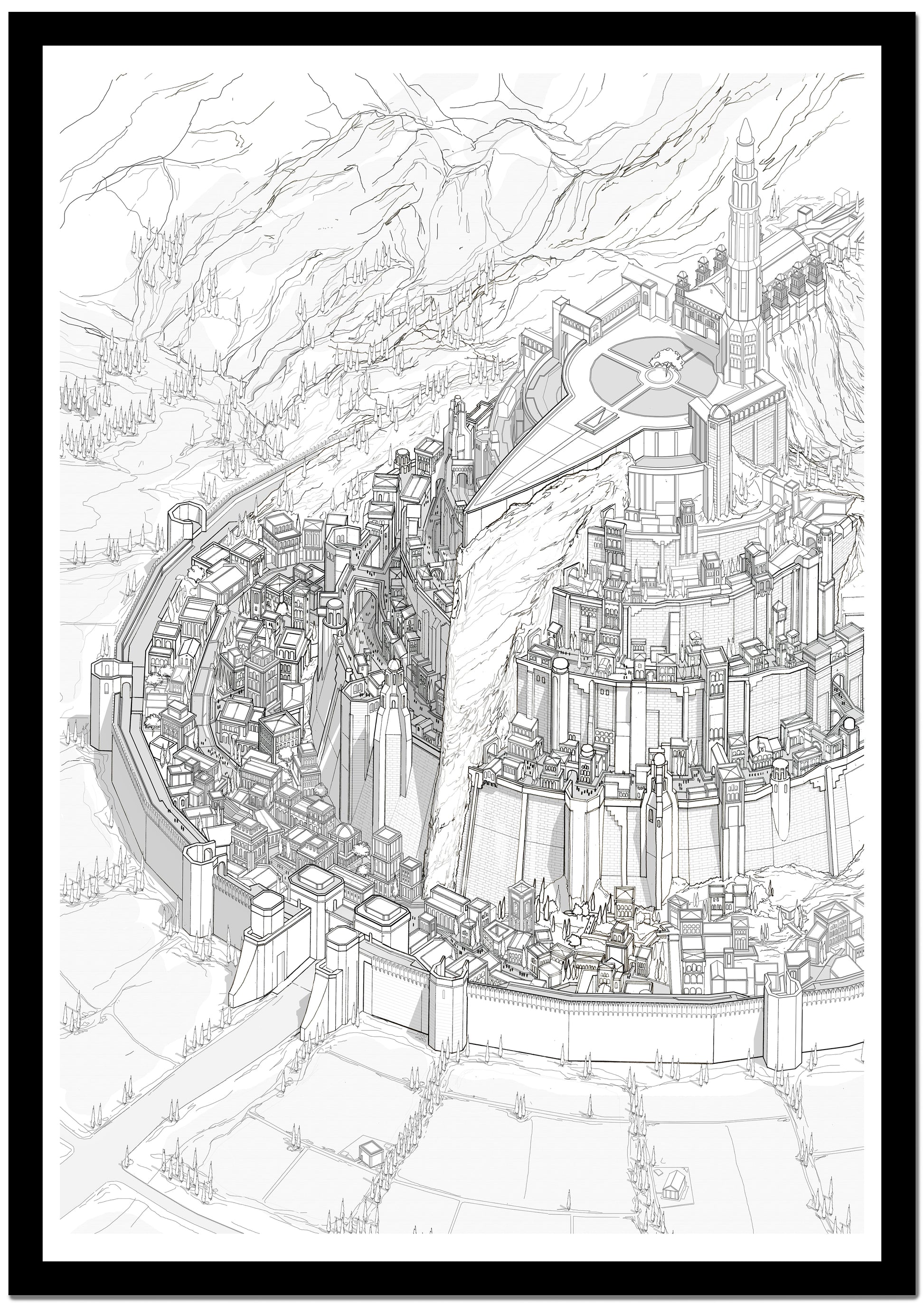 Black and white line drawing of a detailed architectural structure with mountains in the background