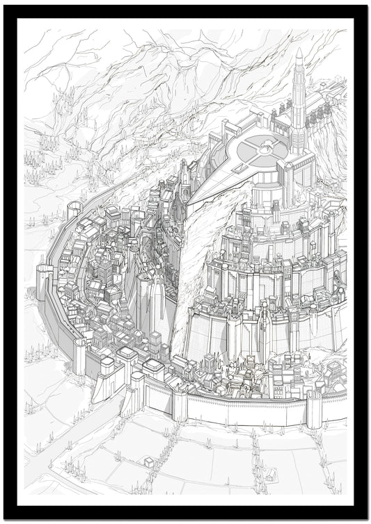 Black and white line drawing of a detailed architectural structure with mountains in the background