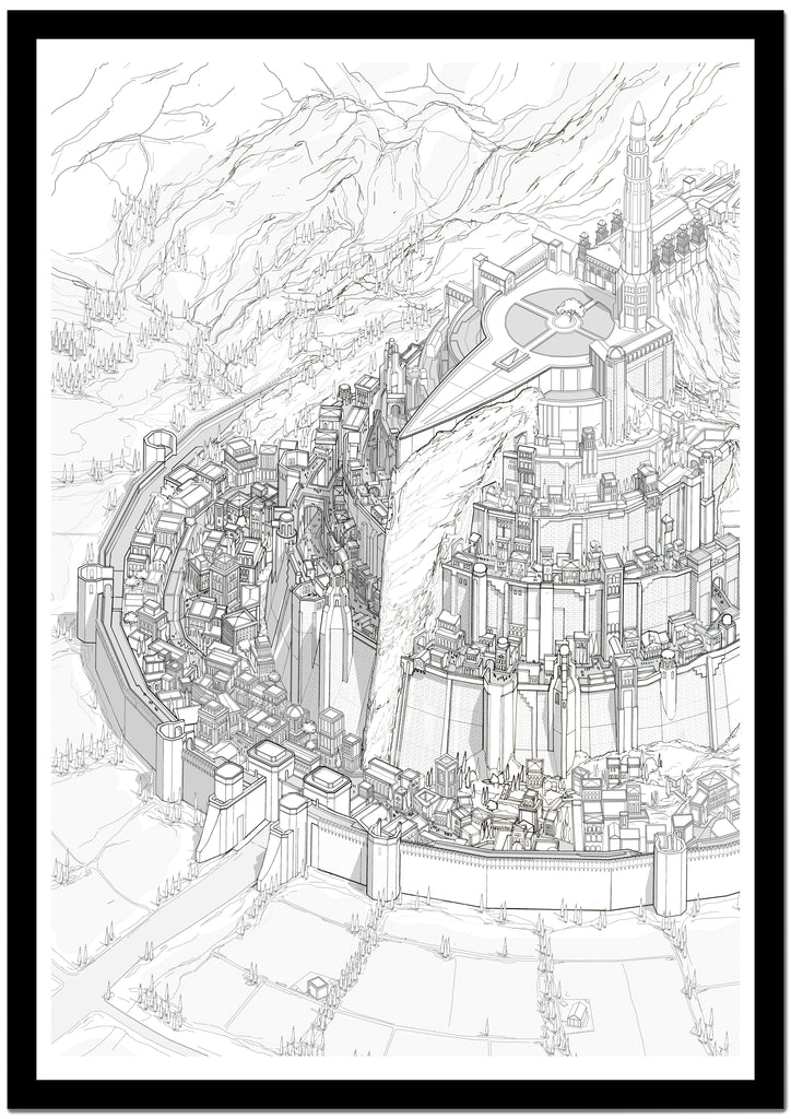 Black and white line drawing of a detailed architectural structure with mountains in the background