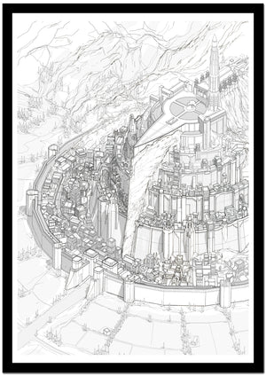 Black and white line drawing of a detailed architectural structure with mountains in the background
