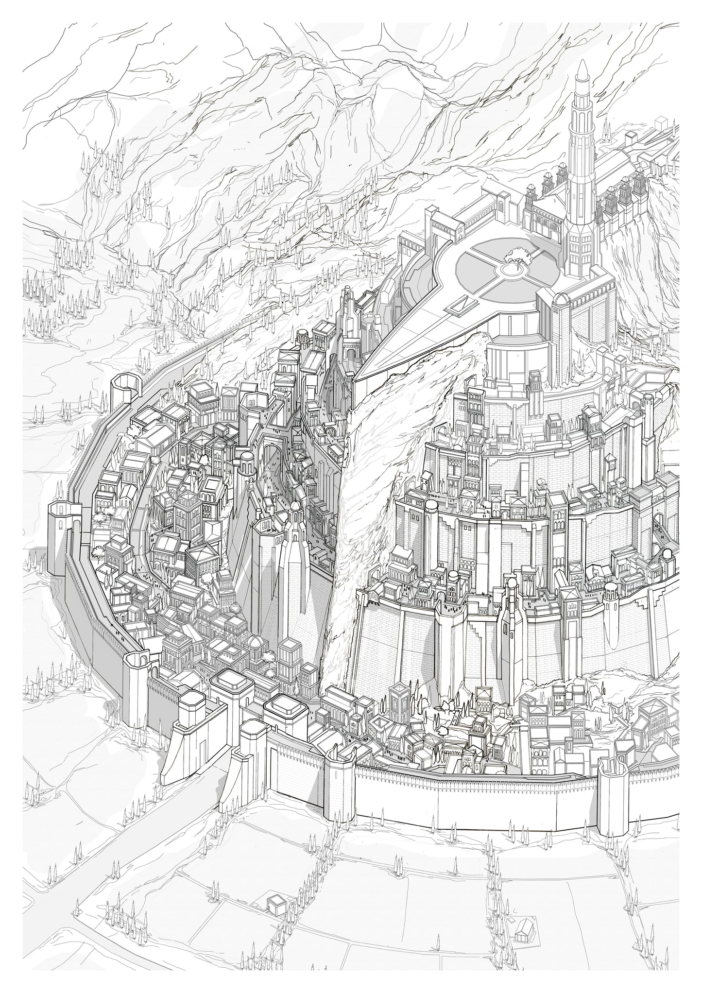 Black and white line drawing of a futuristic cityscape with tall buildings and roads.
