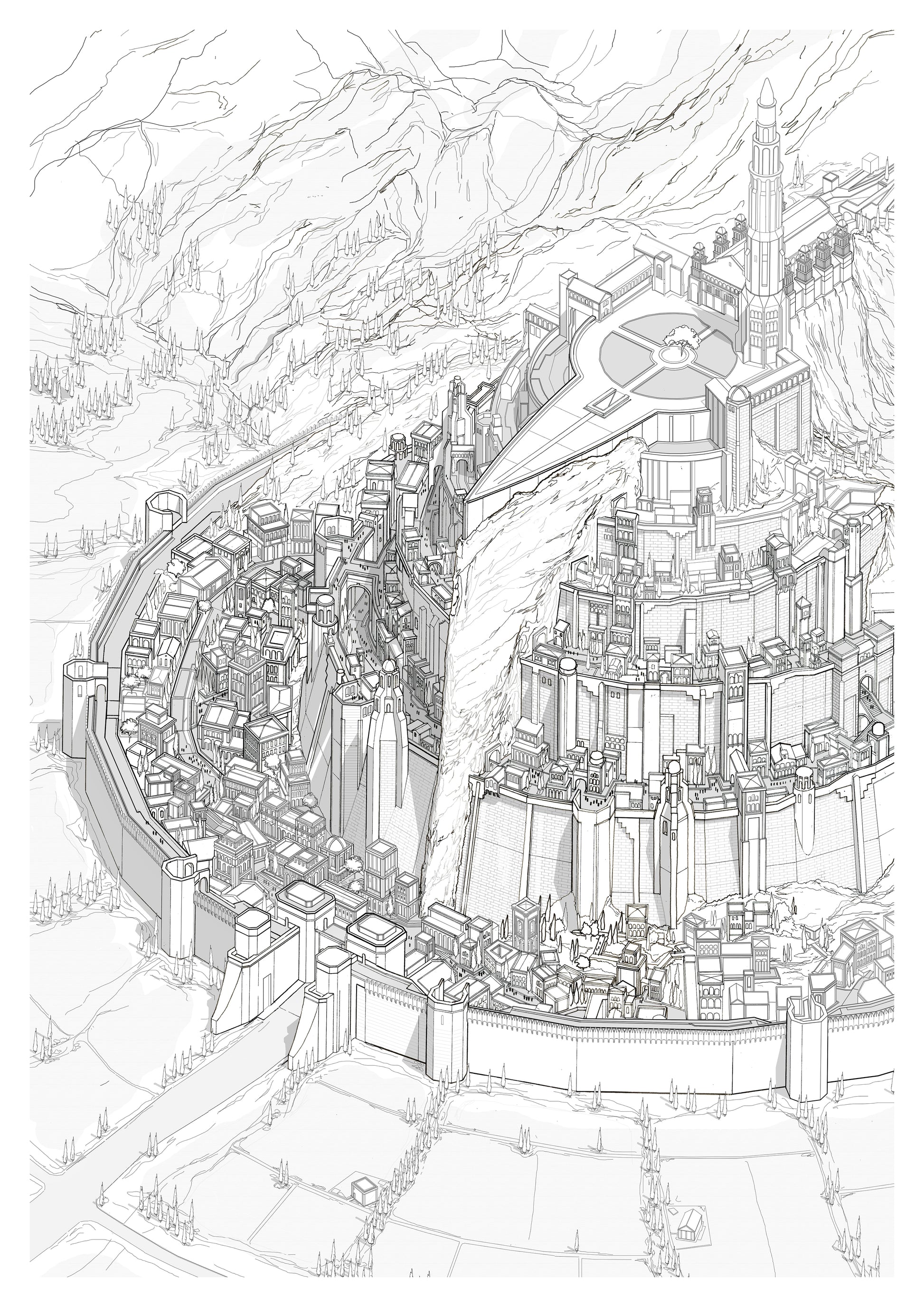 Black and white line drawing of a futuristic cityscape with tall buildings and roads.