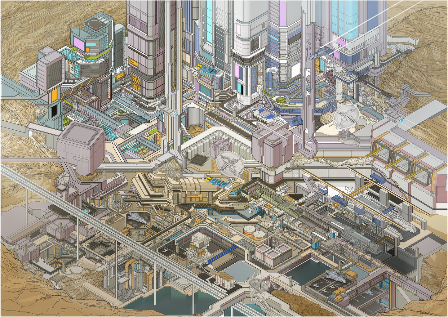 isometric sci-fi city art print – Port City Gateway