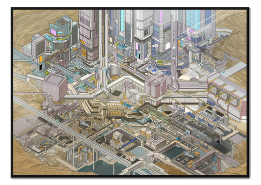 isometric sci-fi city art print – Port City Gateway