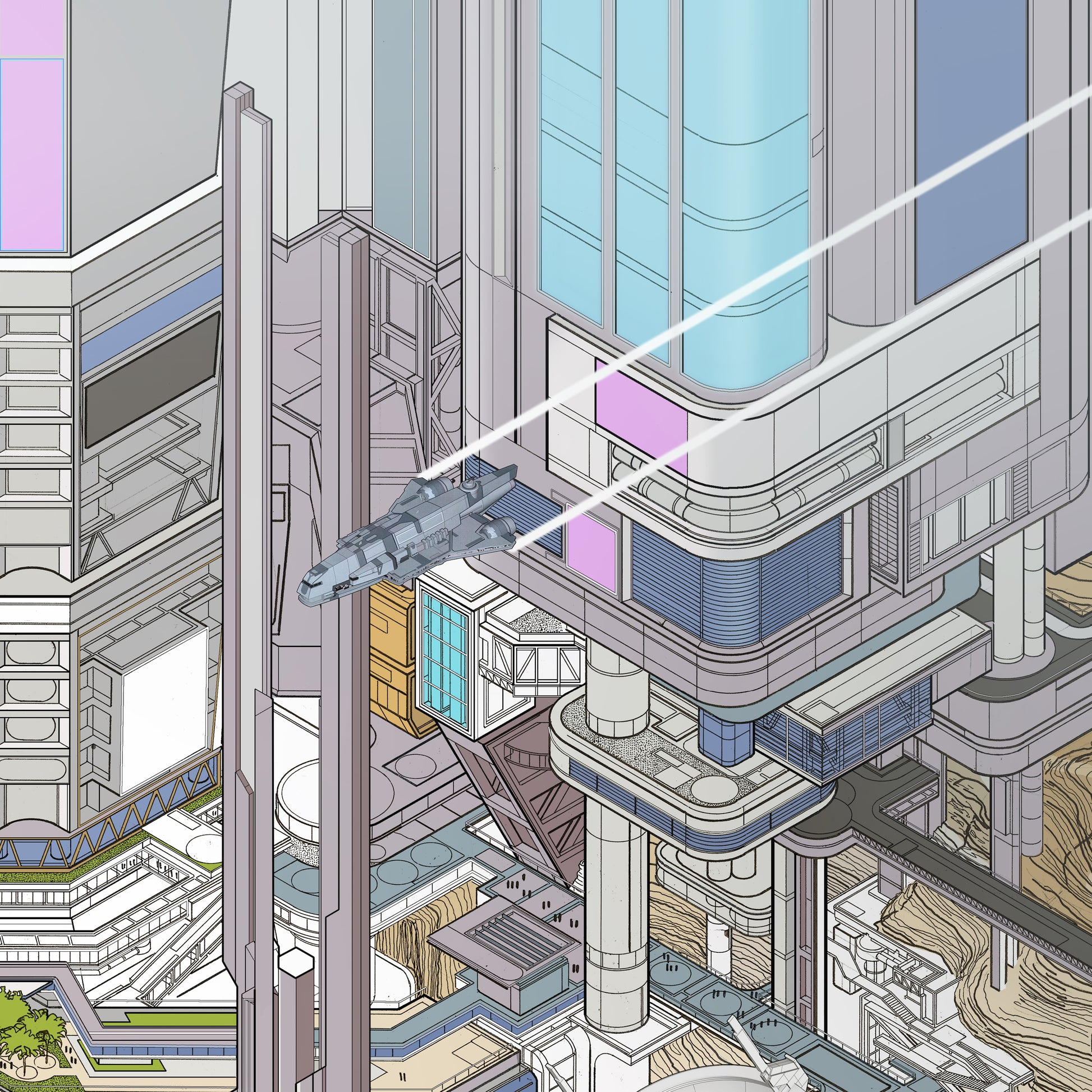 isometric sci-fi city art print – Port City Gateway gozanti freighter