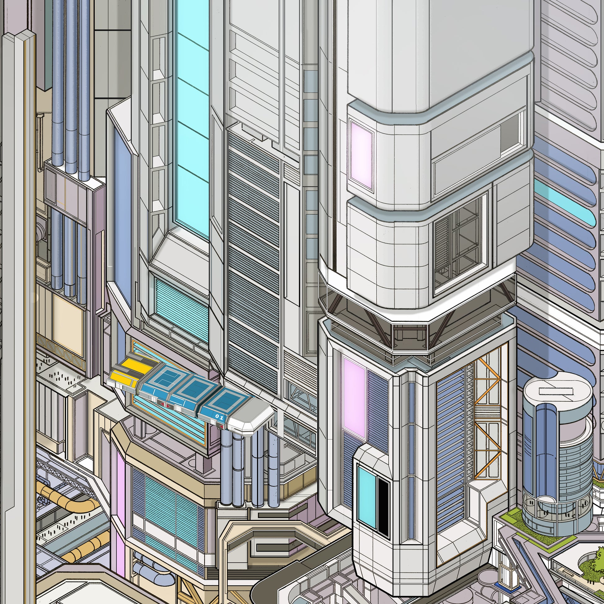 isometric sci-fi city art print – Port City Gateway towers