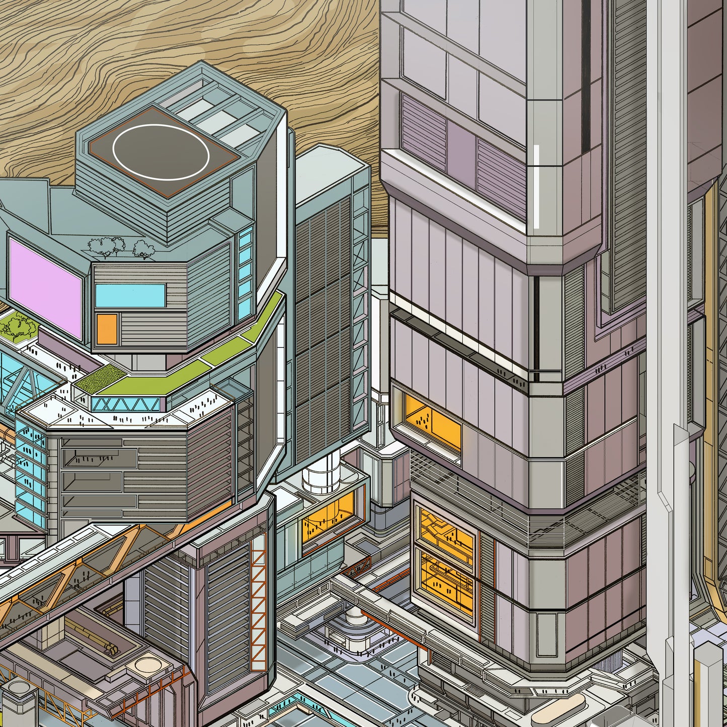 isometric sci-fi city art print – Port City Gateway