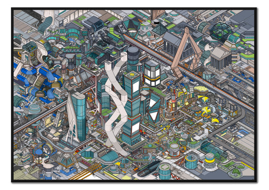 isometric futuristic cityscape illustration art print – Utopia Colour