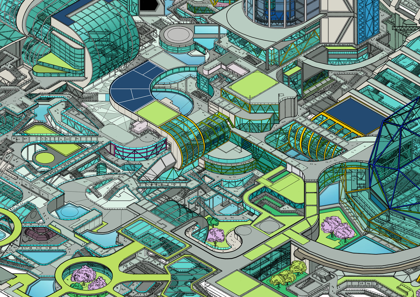 isometric-futuristic-cityscape-art-print-metropolis-colour clost up 