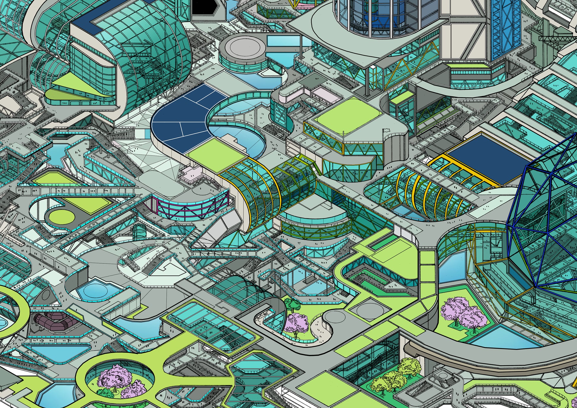isometric-futuristic-cityscape-art-print-metropolis-colour clost up 
