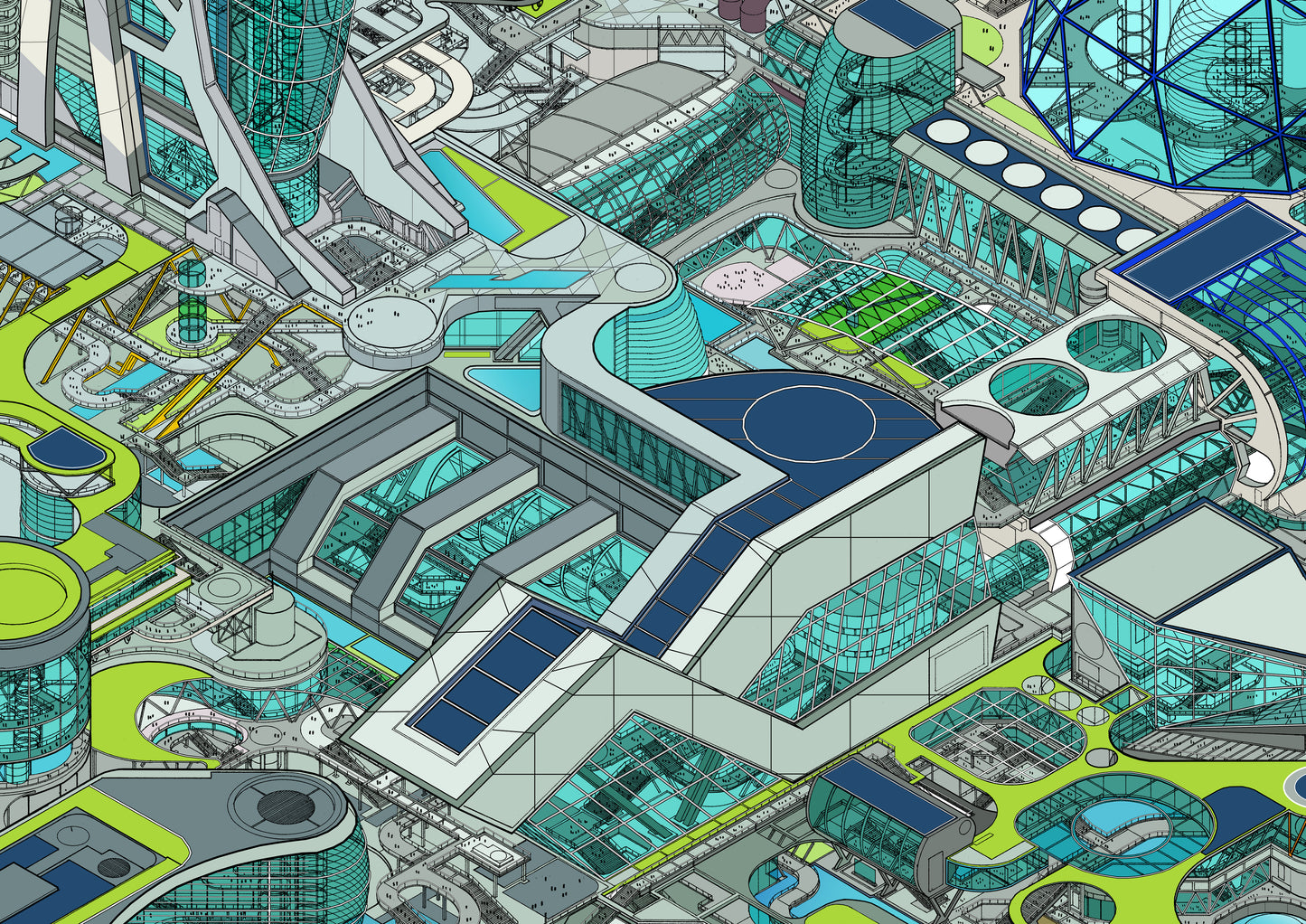 isometric-futuristic-cityscape-art-print-metropolis-colour clost up 