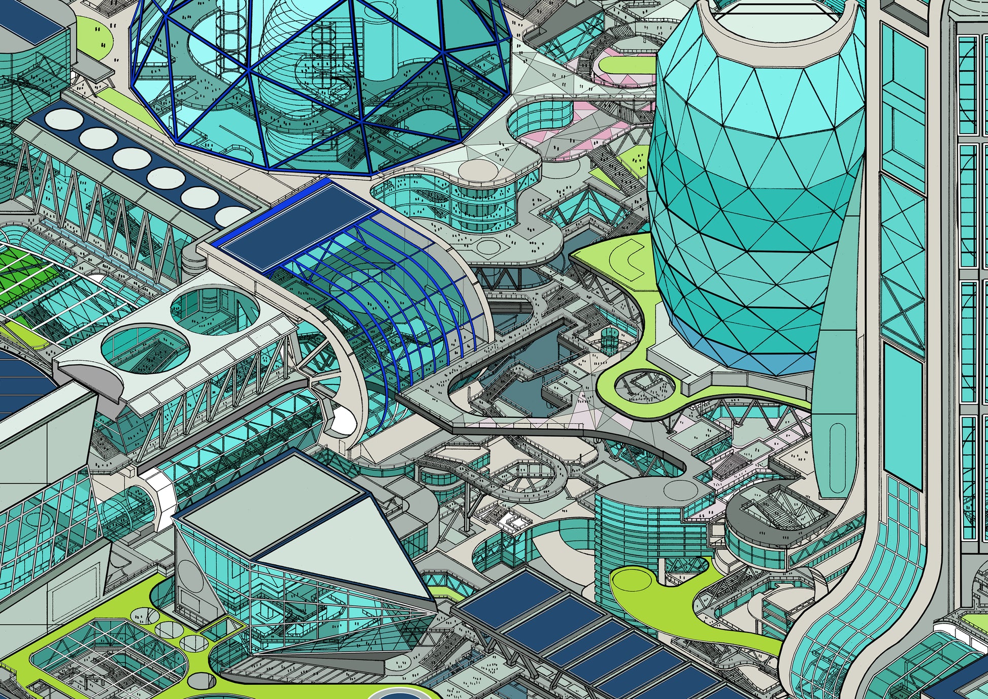 isometric-futuristic-cityscape-art-print-metropolis-colour clost up 