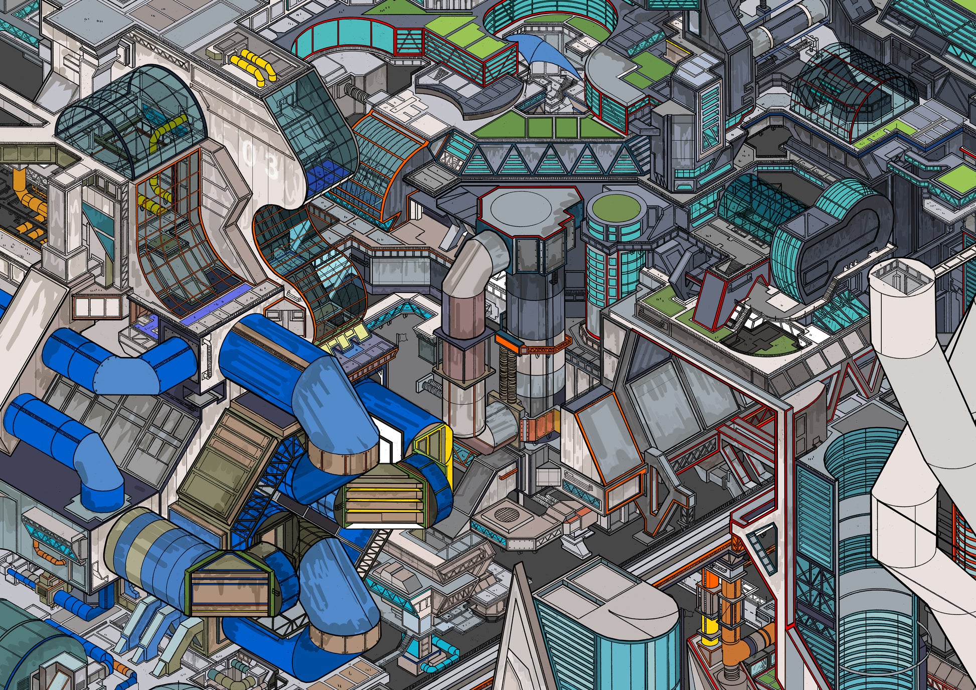 isometric futuristic cityscape illustration art print – Utopia Colour
