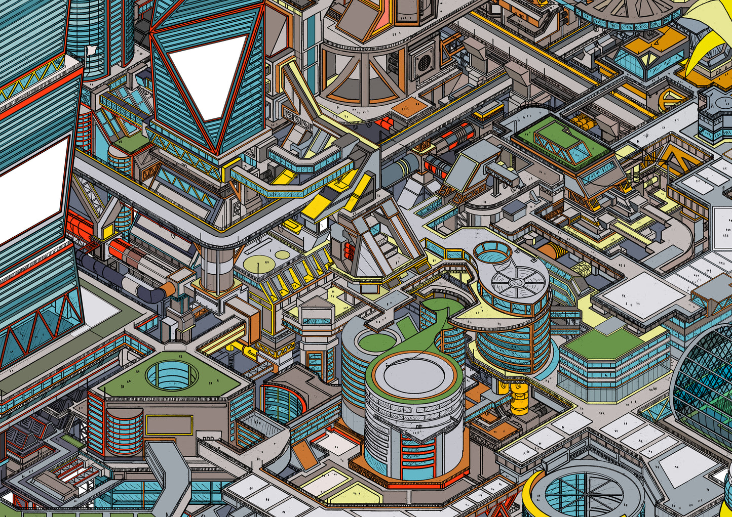 isometric futuristic cityscape illustration art print – Utopia Colour