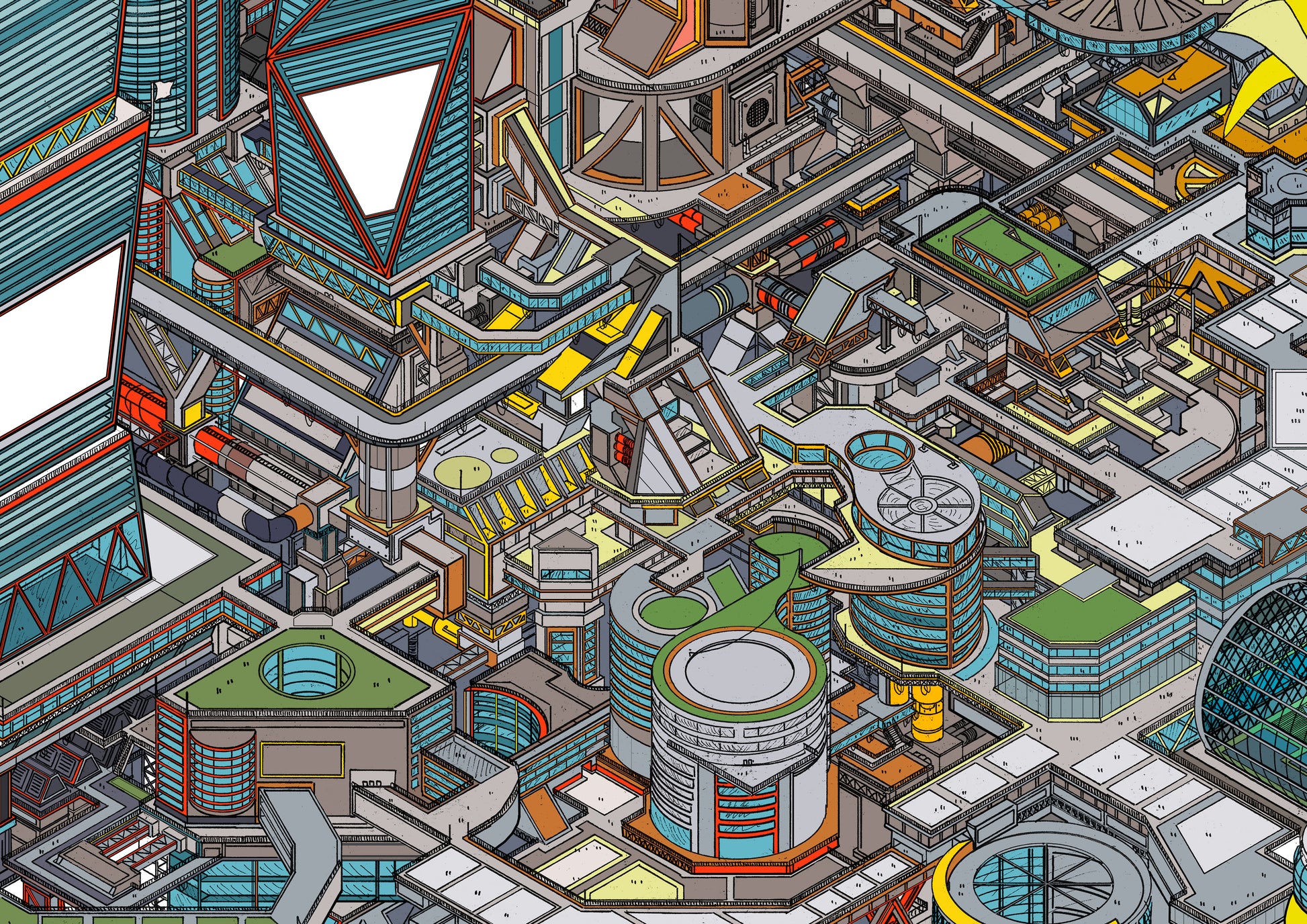 isometric futuristic cityscape illustration art print – Utopia Colour