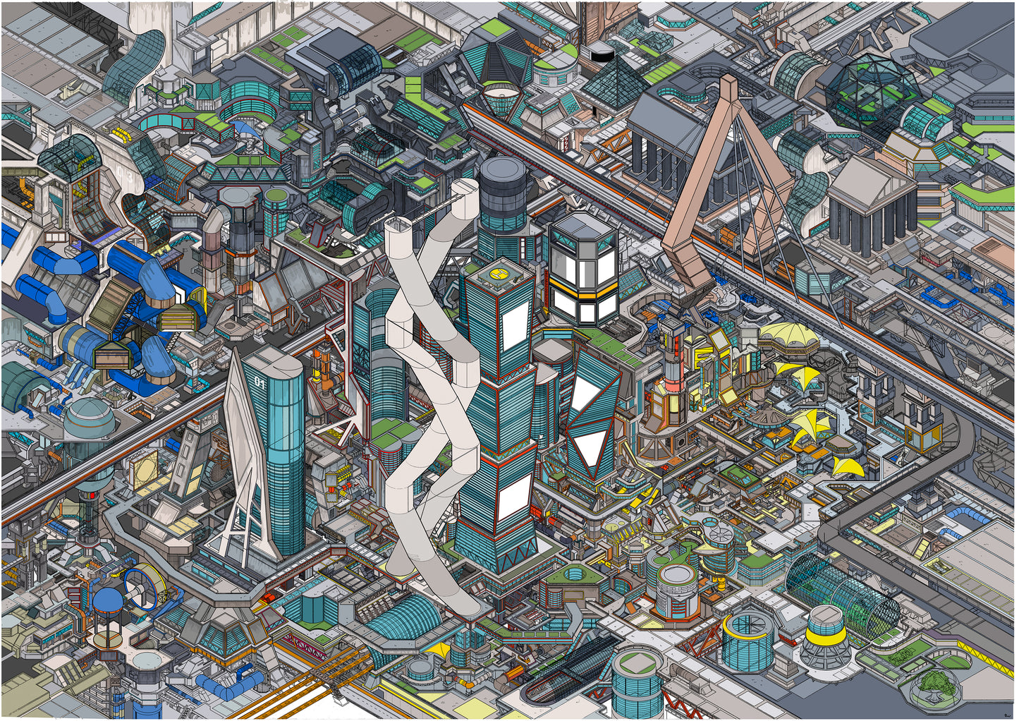 isometric futuristic cityscape illustration art print – Utopia Colour