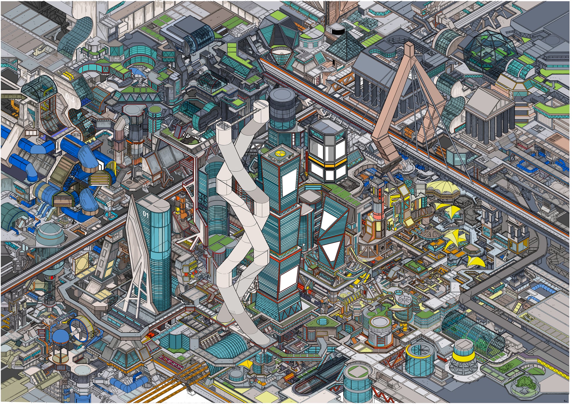 isometric futuristic cityscape illustration art print – Utopia Colour